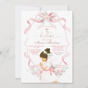 Convites Menina Pequena com Laço Floral Rosa Rezar Batismo