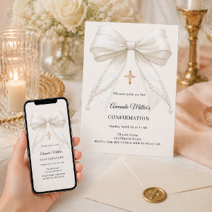 Convites Menina pérolas de marfim elegante Crisma