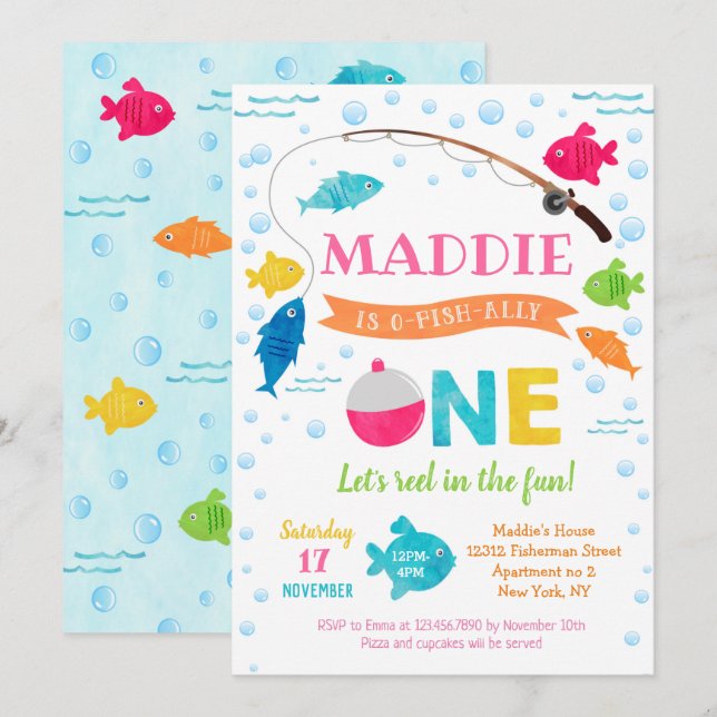 Convites Menina Pesca de primeiros aniversarios de O-fish (Frente/Verso)