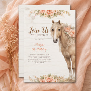 Convites Menina Pêssego Floral Fazenda de Cavalos 8º Aniver