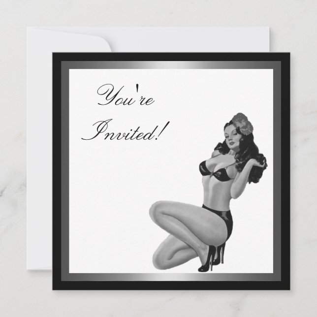 Convites Menina Pin-Up de Estilo Preto e Branco Prateado 20 (Frente)