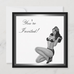 Convites Menina Pin-Up de Estilo Preto e Branco Prateado 20