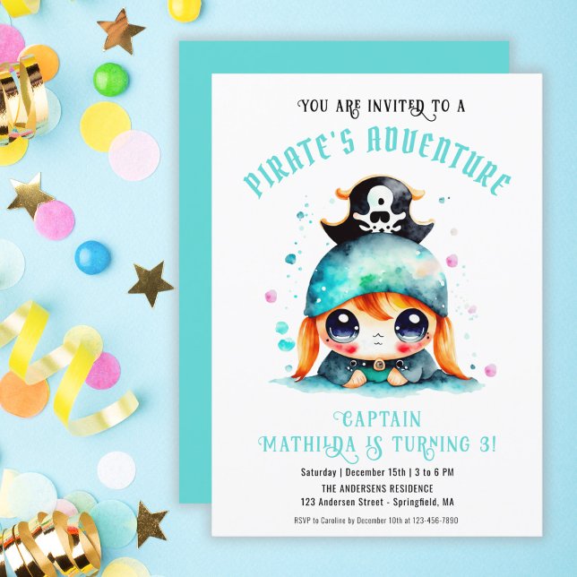Convites Menina pirata bonita turquesa digital de aniversár (Cute Little Pirate Girl Turquoise Birthday Digital Invitation)
