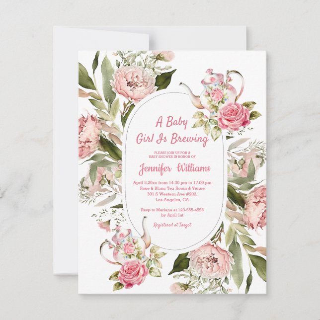 Convites menina preparando chá de fraldas de festas de chá  (Frente)