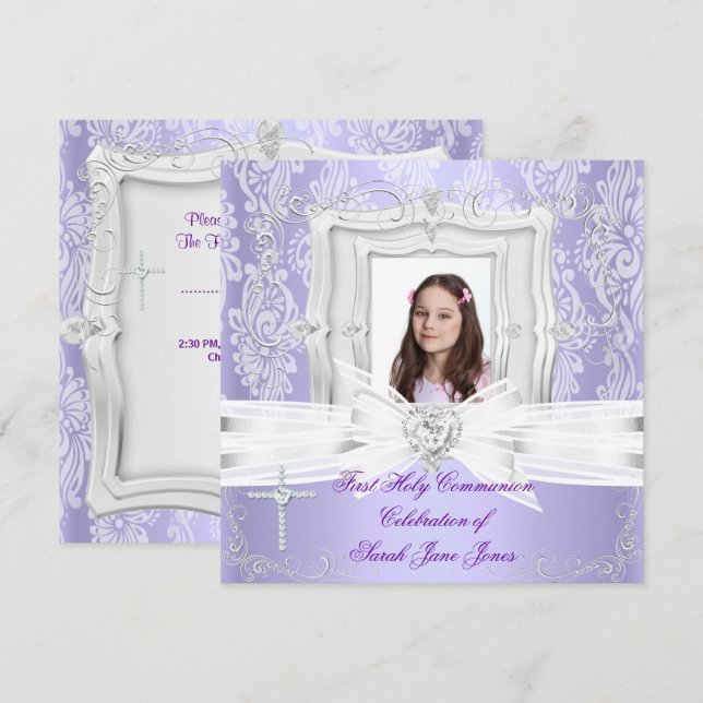 Convites Menina Primeira Comunhão Bonito Roxo Foto (Frente/Verso)