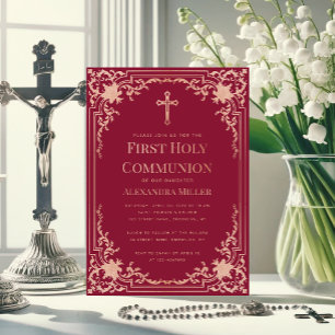 Convites Menina Primeira Comunhão Borgonha Rosa Dourado Cru