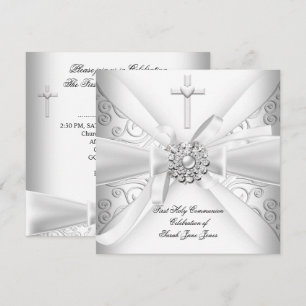 Convites Menina Primeira Comunhão Damask Branco Prata