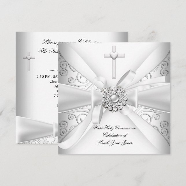 Convites Menina Primeira Comunhão Damask Branco Prata (Frente/Verso)