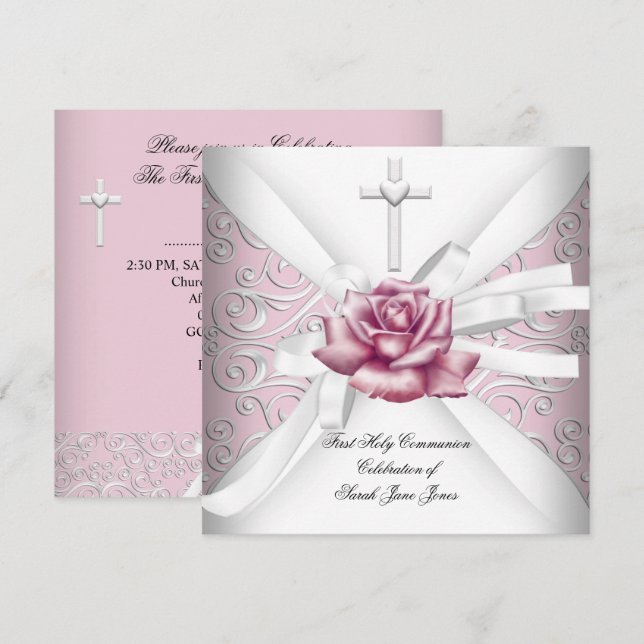 Convites Menina Primeira Comunhão Damask Rosa Branco (Frente/Verso)