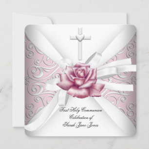 Convites Menina Primeira Comunhão Damask Rosa Branco