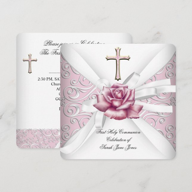 Convites Menina Primeira Comunhão Damask Rosa Branco 2 (Frente/Verso)