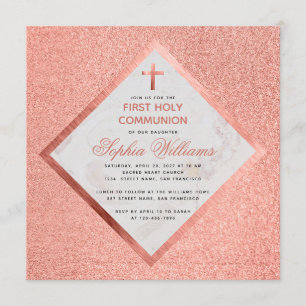 Convites Menina Primeira Comunhão Mármore Rosa Dourado Bril