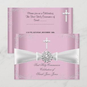 Convites Menina Primeira Comunhão rosa Branco Prata