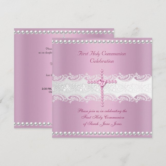 Convites Menina Primeira Comunhão Rosa Renda Pérola Rosa (Frente/Verso)