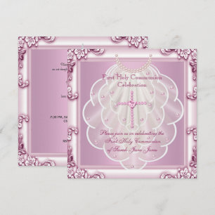 Convites Menina Primeira Comunhão Rosa Véu Cruz Rosa