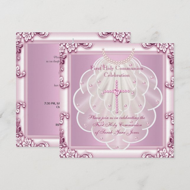 Convites Menina Primeira Comunhão Rosa Véu Cruz Rosa (Frente/Verso)