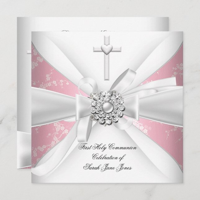Convites Menina Primeira Sagrada Comunhão, Flor Branco Rosa (Frente/Verso)
