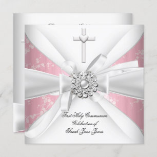 Convites Menina Primeira Sagrada Comunhão, Flor Branco Rosa