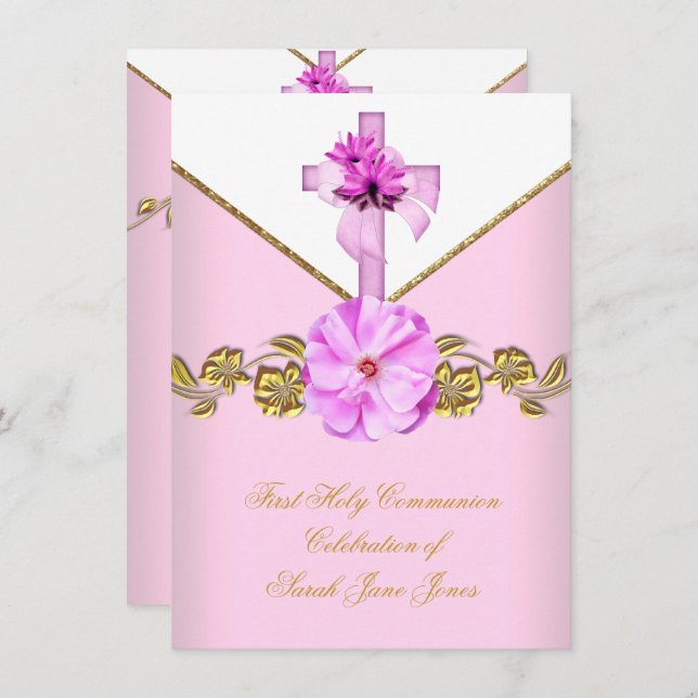 Convites Menina Primeira Sagrada Comunhão Flor Branco Rosa  (Frente/Verso)