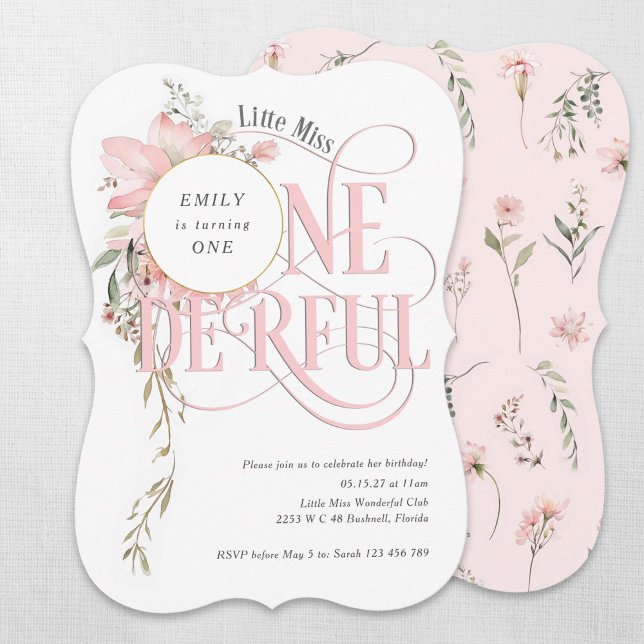 Convites Menina primeiro aniversario Pequena Menina Onederl (Wildflower Little Miss Onederland, Girl 1st birthday invitation.)