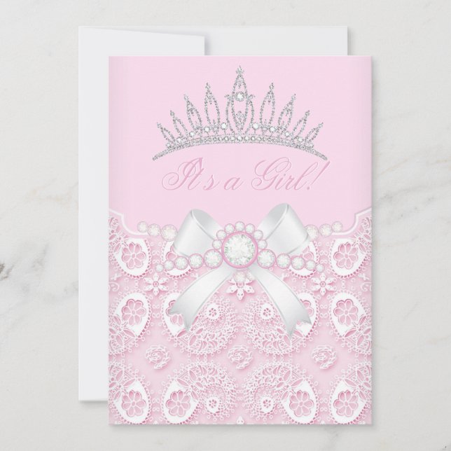 Convites Menina Princesa Chuveiro de Bebê Rosa Renda diaman (Frente)