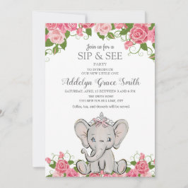 Convites Menina Princesa Tiara Elefante Rosa Floral Sip See