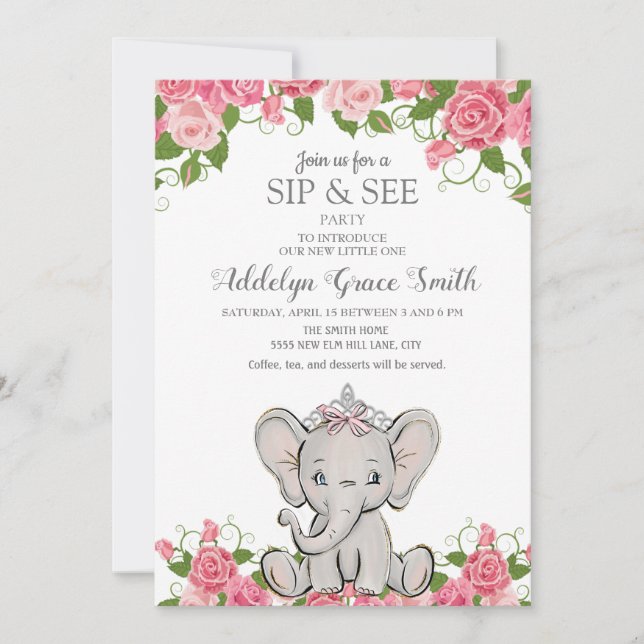 Convites Menina Princesa Tiara Elefante Rosa Floral Sip See (Frente)