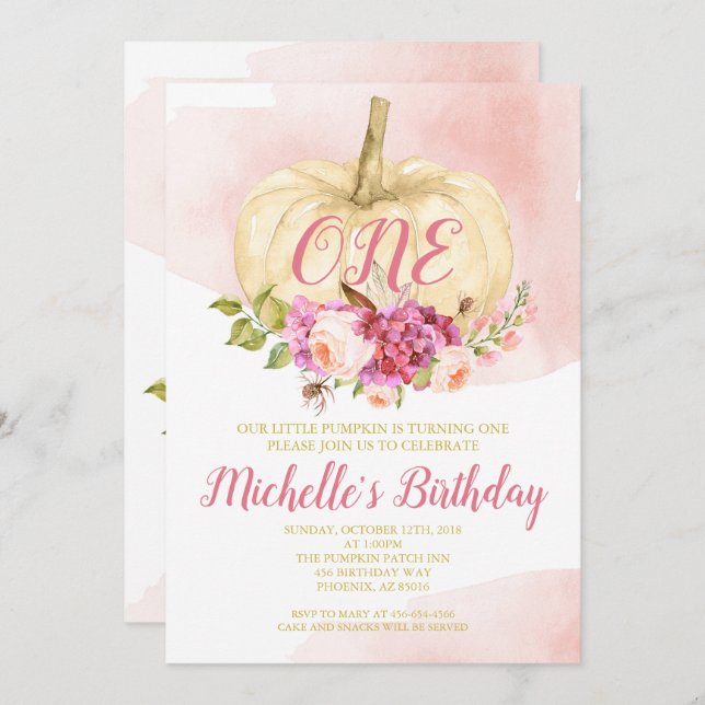 Convites Menina Pumpkin Rosa Dourada Primeira Aquarela (Frente/Verso)
