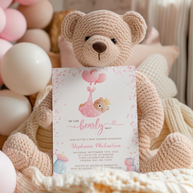 Convites Menina Que Podemos Aguardar Chá de fraldas E Livro (Girl We Can Bearly Wait Baby Shower & Book Request Invitation)