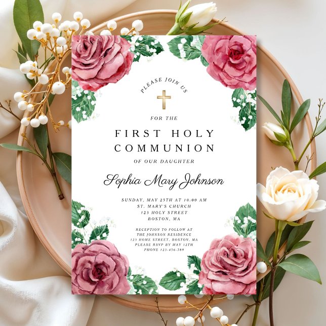 Convites Menina Religiosa Floral Elegante Primeira Comunhão (Elegant Floral Religious Girl First Communion Invitation)