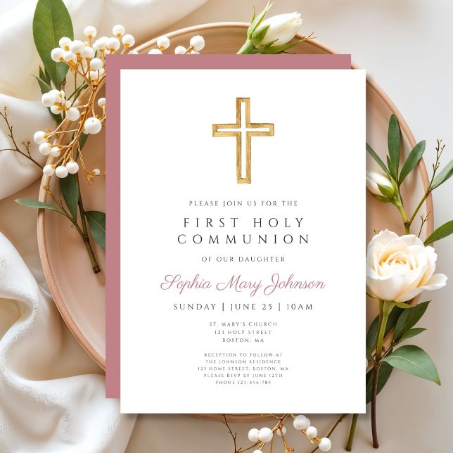 Convites Menina Religiosa Rosa Empoeirado Moderna Primeira  (Modern Dusty Pink Religious Girl First Communion Invitation)