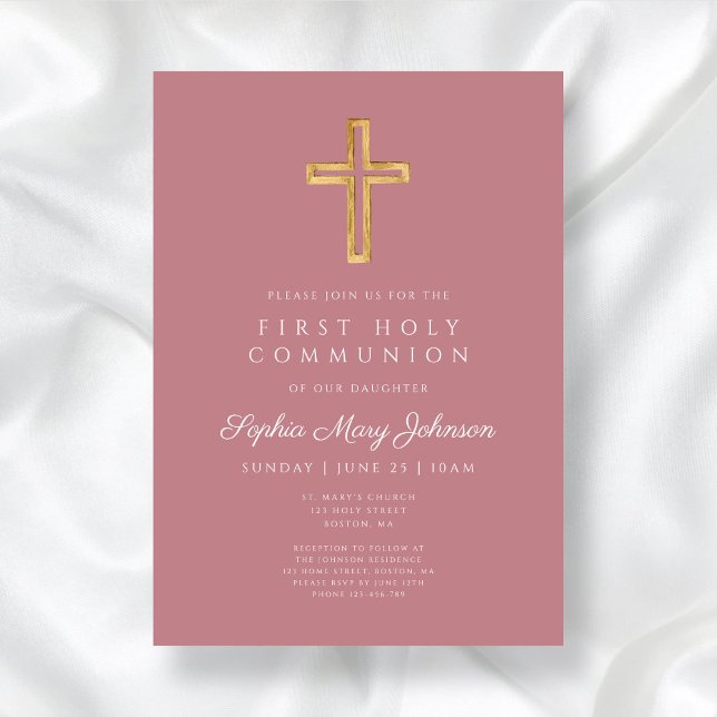 Convites Menina Religiosa Rosa Empoeirado Moderna Primeira  (Modern Dusty Pink Religious Girl First Communion Invitation)