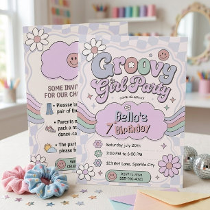 Convites Menina Retro Groovy Aniversário de 7 anos Rosa Rox