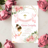 Menina Rezando Primeira Comunhão Floral Rosa Doura