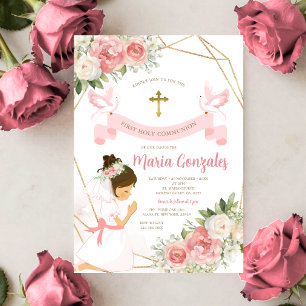 Convites Menina Rezando Primeira Comunhão Floral Rosa Doura