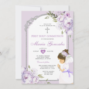 Convites Menina Rezando Primeira Comunhão Floral Roxo