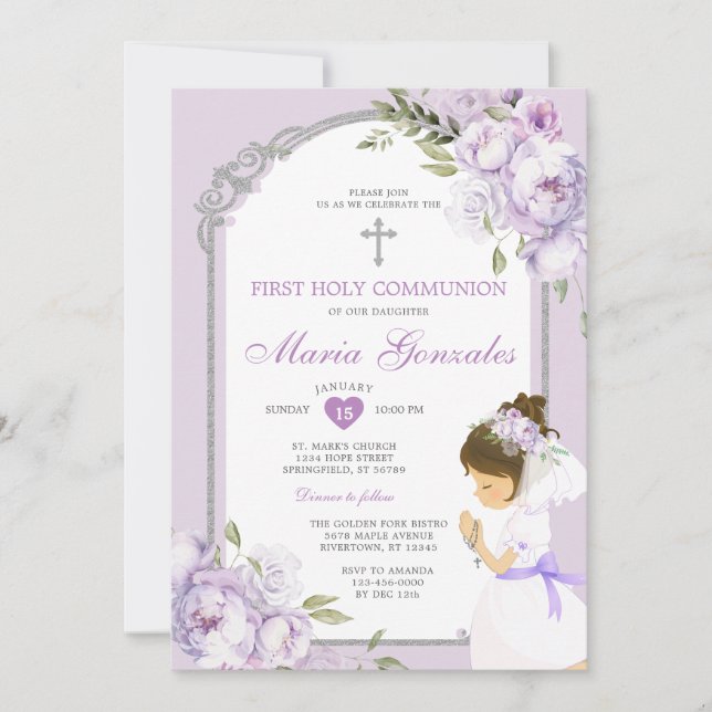 Convites Menina Rezando Primeira Comunhão Floral Roxo (Frente)