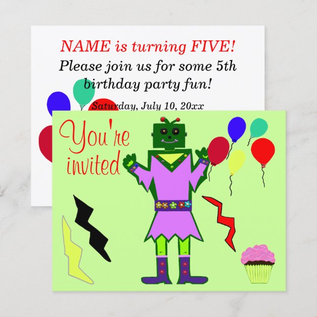 Convites Menina Robô Verde Balões Cupcake Aniversário QUALQ (Frente/Verso)