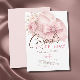 Convites Menina Rosa Coquette Script Cowgirl 1º Aniversário