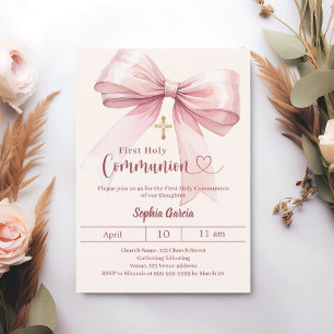 Convites Menina rosa creme laço elegante Primeira Comunhão