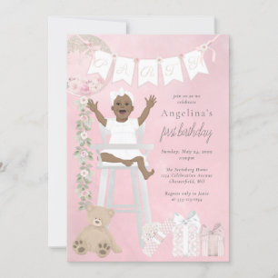 Convites Menina Rosa do Primeiro Aniversário em Cadeira Alt