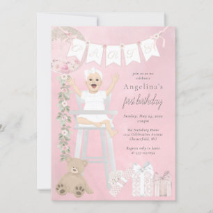 Convites Menina Rosa do Primeiro Aniversário em Cadeira Alt