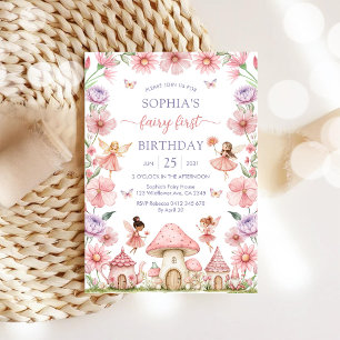 Convites Menina Rosa Fada Floral Primeiro 1º Aniversário
