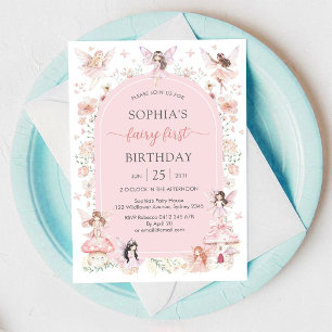 Convites Menina Rosa Fada Floral Primeiro 1º Aniversário