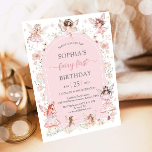 Convites Menina Rosa Fada Floral Primeiro Aniversário