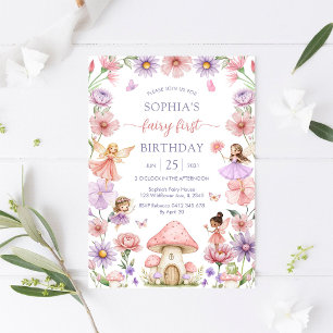 Convites Menina Rosa Fada Floral Primeiro Aniversário