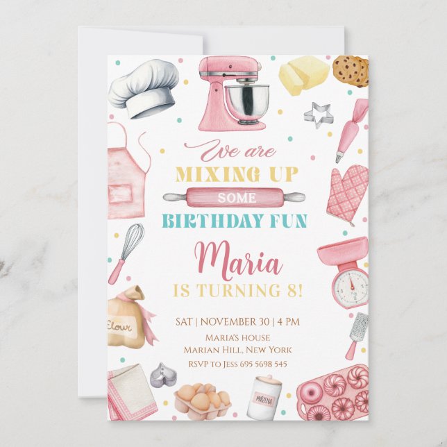 Convites Menina Rosa Fazendo Bolo De Aniversário (Frente)