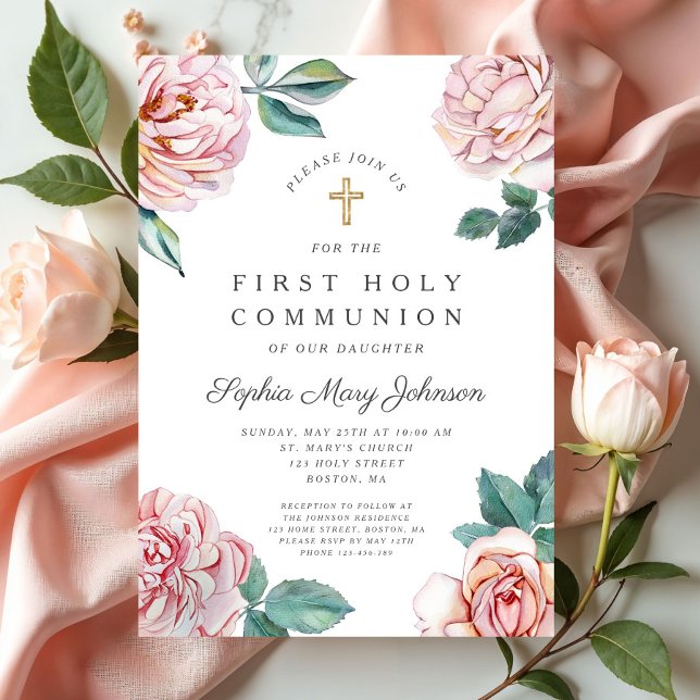 Convites Menina Rosa Floral Primeira Comunhão Religiosa Men (Floral Pink Peonies Girl Religious First Communion Invitation)