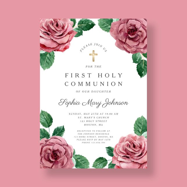 Convites Menina Rosa Floral Primeira Comunhão Religiosa Men (Floral Pink Peonies Girl Religious First Communion Invitation)