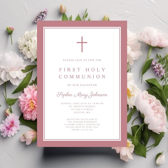 Convites Menina Rosa Moderna Primeira Comunhão Santa (Modern Pink Cross Girl First Holy Communion Invitation)